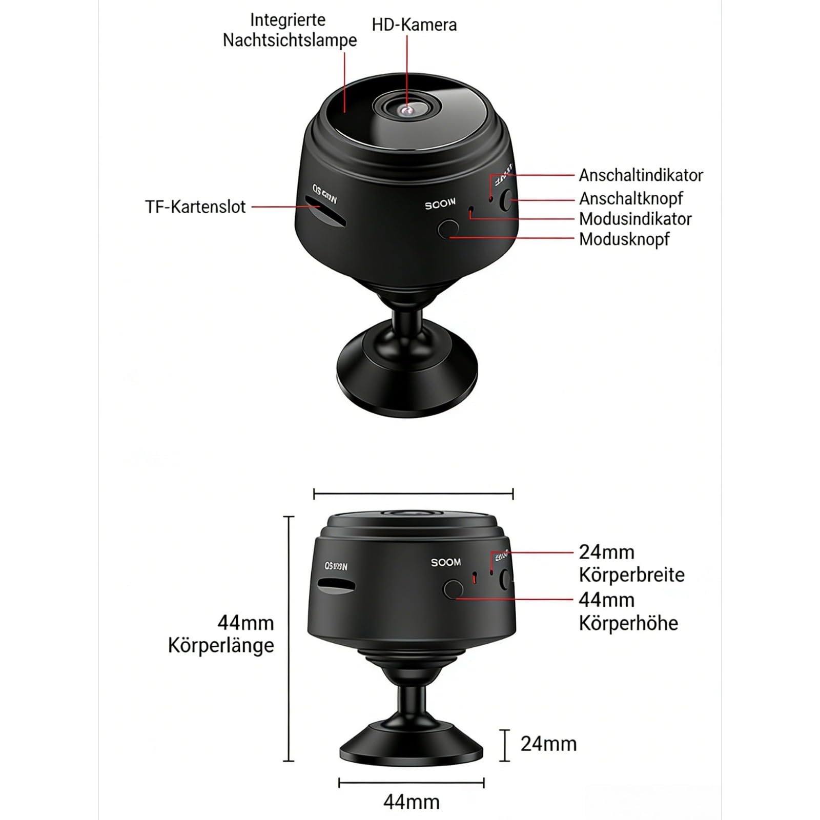 Festberg VivoCam WiFi Mini Kamera 720P HD, Drahtloser Video Rekorder Für Wohnmobil, LKW Und Anhänger (Schwarz)