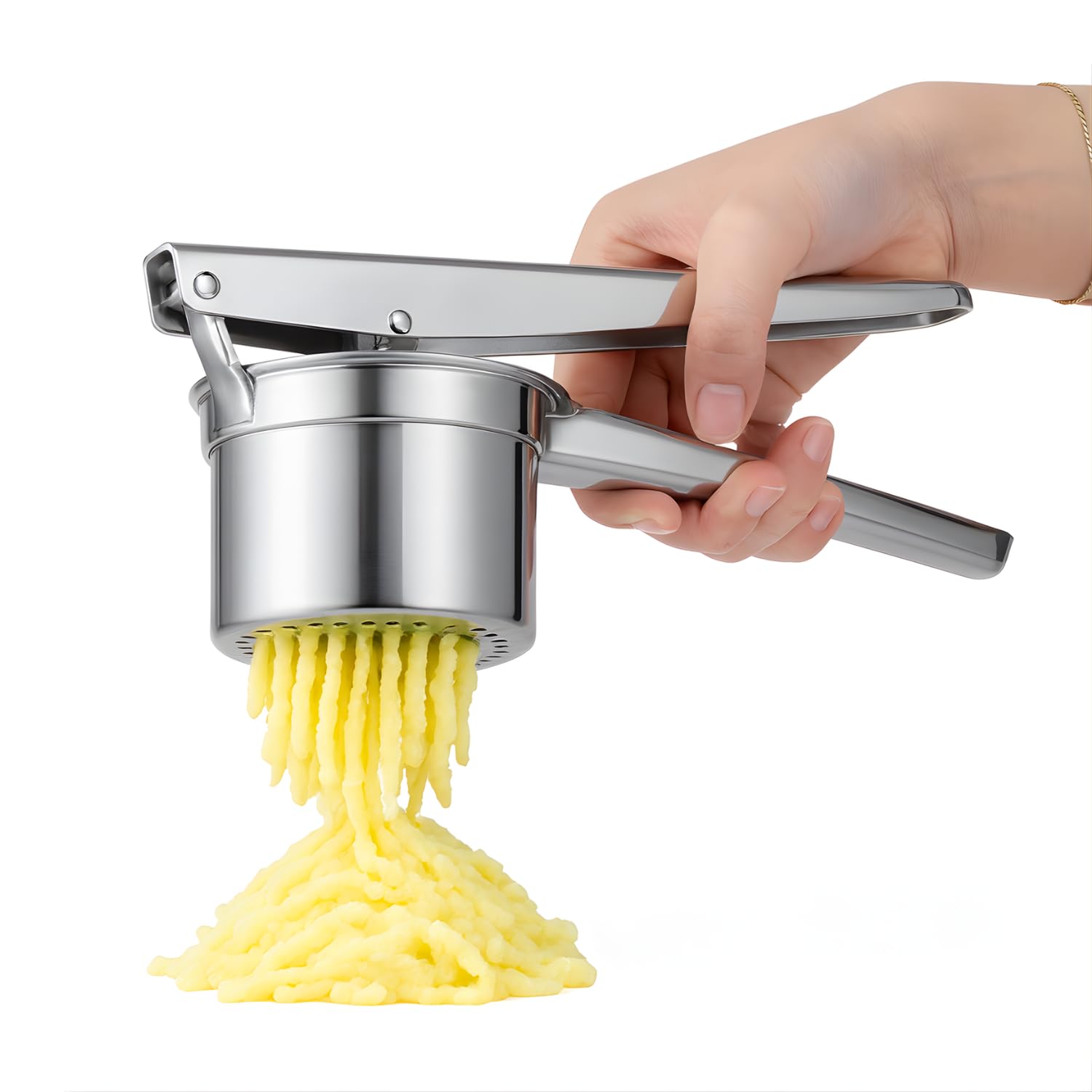 Virsus Schiacciapatate in acciaio inox 18/10, bicchiere con fori diametro 2,5 mm, passapatate manuale antiruggine lavabile in lavastoviglie per purè di patate, castagne, verdure, Made in Italy