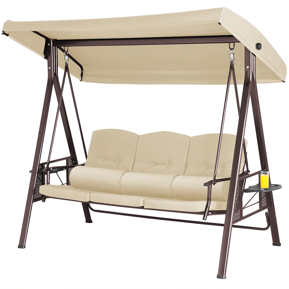 Bakaji Dondolo Da Giardino 3 Posti con 3 Cuscini Tetto Parasole Regolabile e Vassoi Pieghevoli Struttura in Metallo Seduta in Tessuto con Maxi Imbottitura 8cm (Beige)