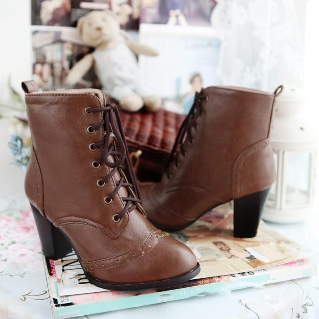 VOKLIN Women's Round Toe Lace Up Chunky Stacked High Heels Ankle Boots Western Oxford Dress Short Booties