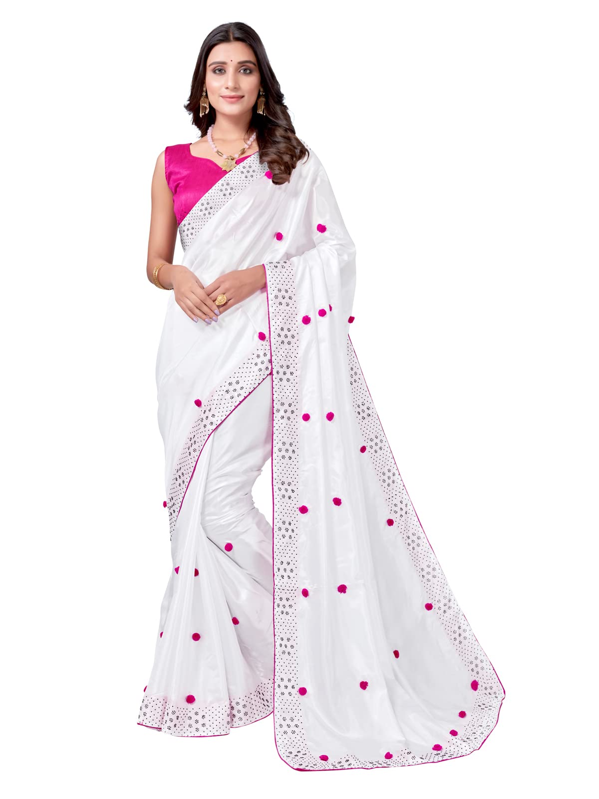 SatraniWomen's Hot Fixing Pum Pum Work & Piping Silk Saree with Unstitched Blouse Piece