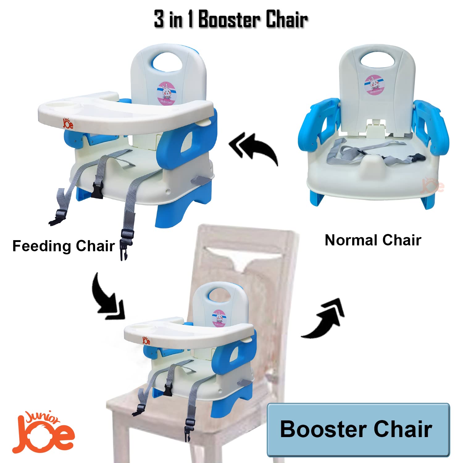 JUNIOR JOE 2 in 1 Baby Booster Seat With Removable Dining Tray and Safety Belt (BLUE) 4