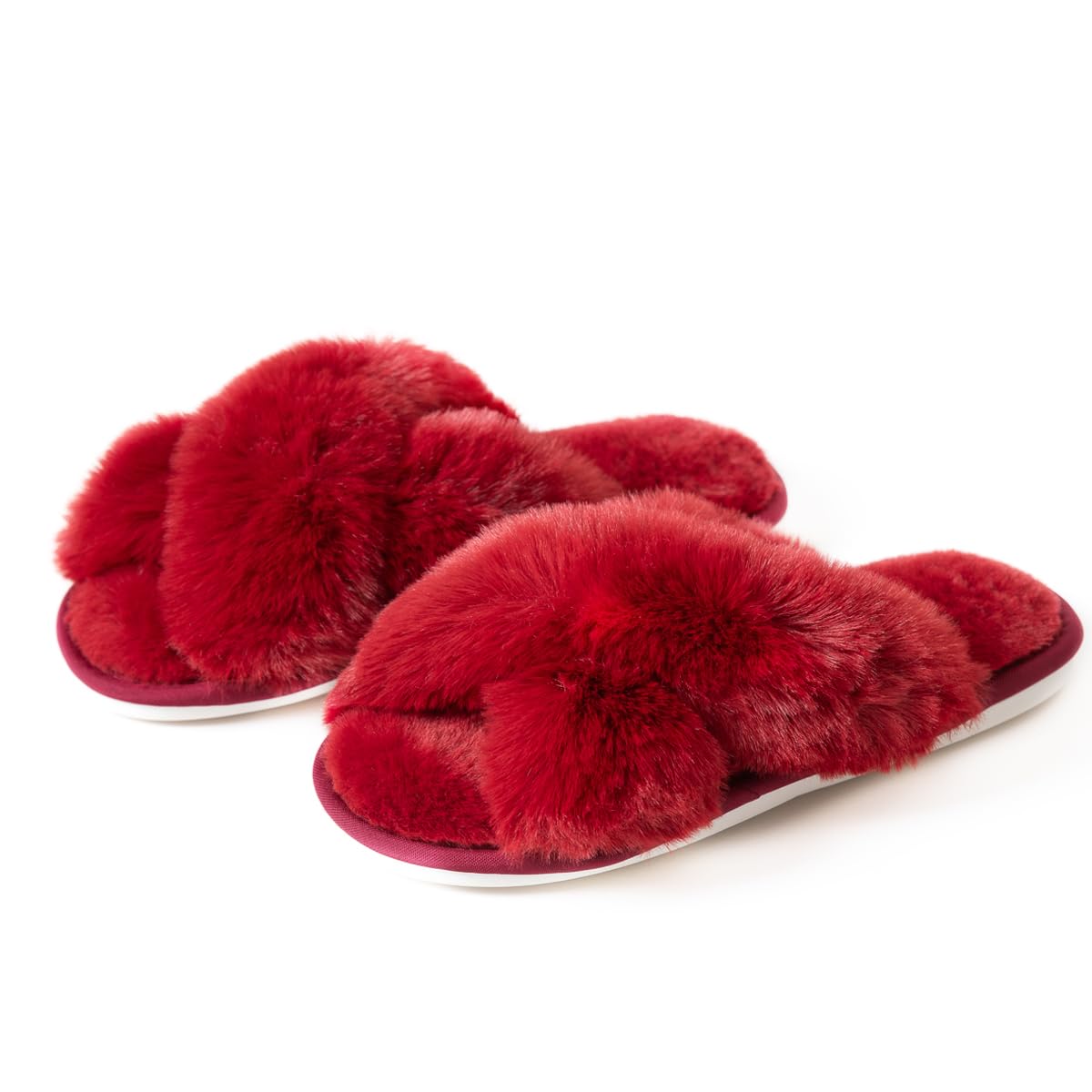 Womens Cross Band Slippers Cozy Furry Fuzzy House Slippers Open Toe Fluffy Indoor Shoes Outdoor Slip on Warm