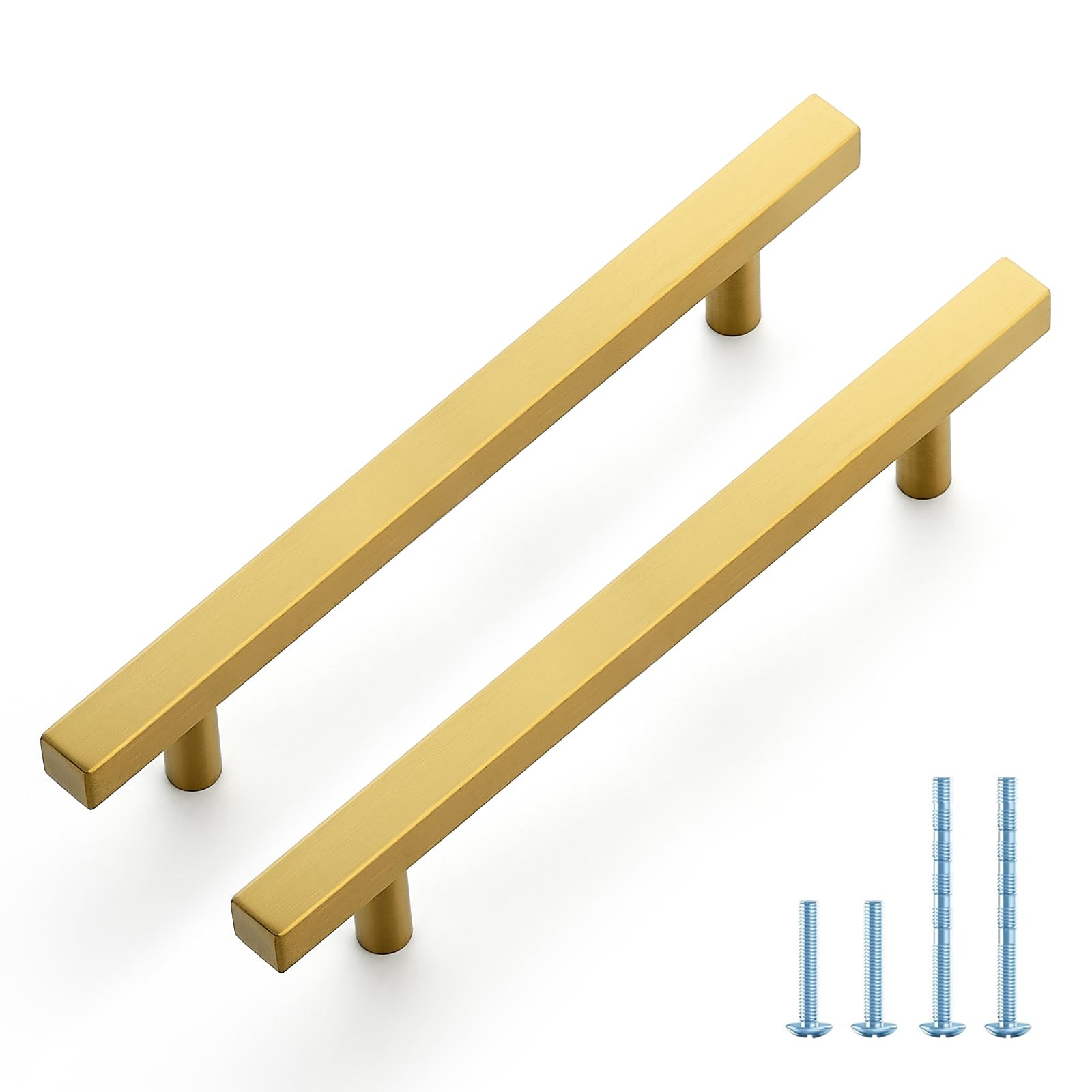 JOY DECOR 10 Pack 5 Inch Brushed Brass Square Cabinet Handles Stainless Steel Cabinet Hardware Pulls for Kitchen and Drawers with 7-3/8 Inch Overall