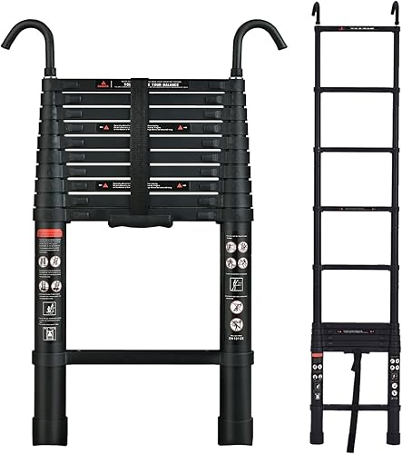 Escalera telescópica multiusos de aluminio plegable industrial compacta de 10.5 pies, con 2 ganchos para el hogar, uso diario, emergencia, portátil,