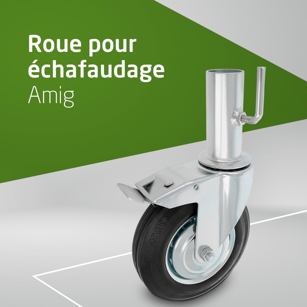 Amig - Roue Échafaudage Femelle | Avec Frein | Ø200 mm | Noyau Métallique et Bande de Caoutchouc | Roulements à Rouleaux | Spécialement Conçue pour une Utilisation Industrielle | Noir