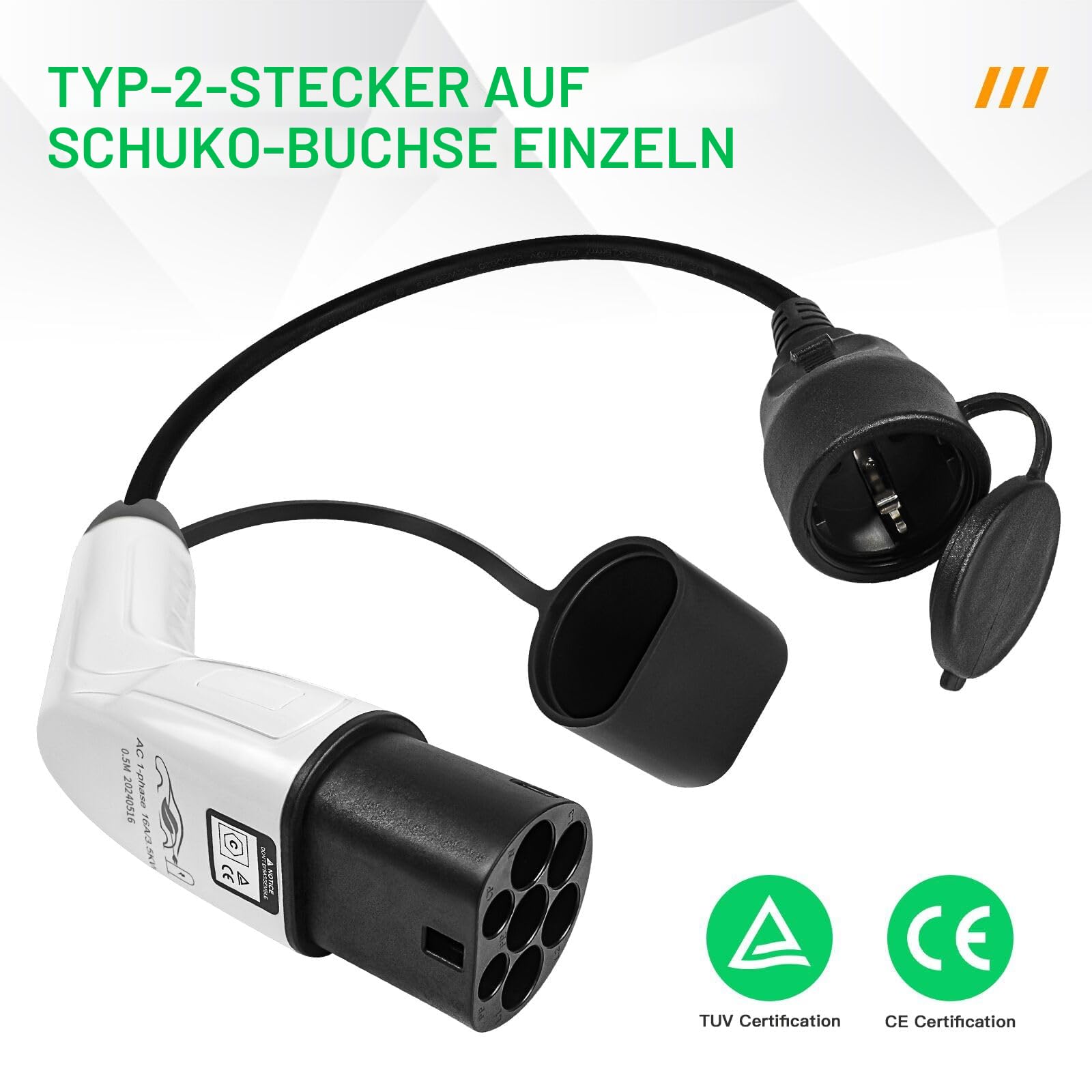 AOHEWEI Elektroauto Typ 2 auf Schuko-Ladegerät-Adapter, IEC 62196 Typ 2 EV-Ladeseitenstecker auf Schuko-Buchse, Fahrzeugladestationen, 16 A, 3,5 kW