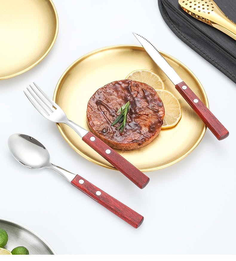 Besteck Set Edelstahl Camping Besteck für Zwei Holzgriff Messer Gabel Löffel Steak Clip Flaschenöffner 12 Stück Outdoor Geschirr
