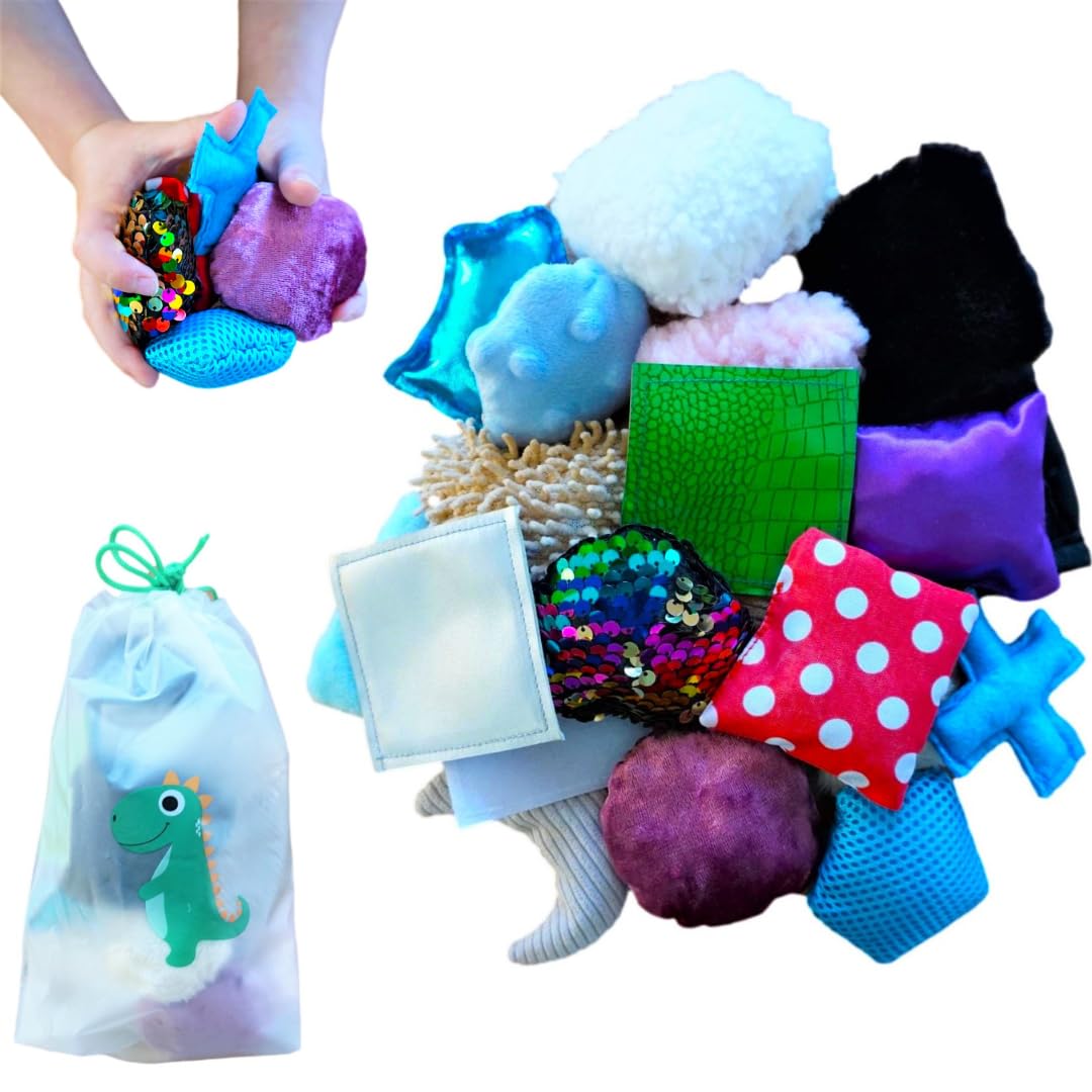 SENSORY4U Sensory Tiles Bag - 20 Textured Kids Sensory Toys for Tactile Exploration, Fine Motor Skills - Montessori Learning Kit for Autism, ADHD, and Special Needs - Soft Touch Bean Bag Tiles