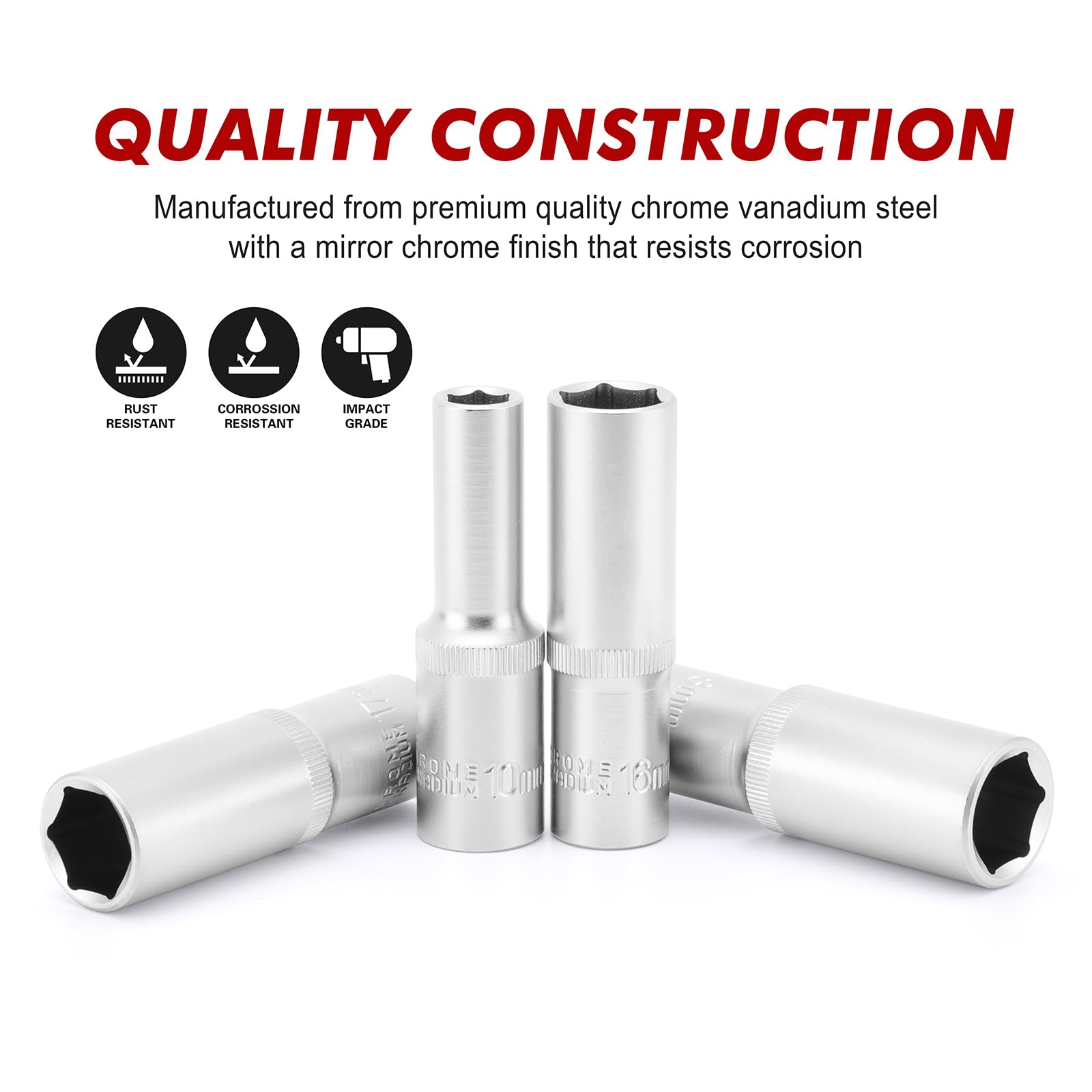 CASOMAN 10 PCS 1/2-Inch Drive Metric Deep Socket Set, 6-Point, Long Socket, 10-24mm, CR-V - Image 4