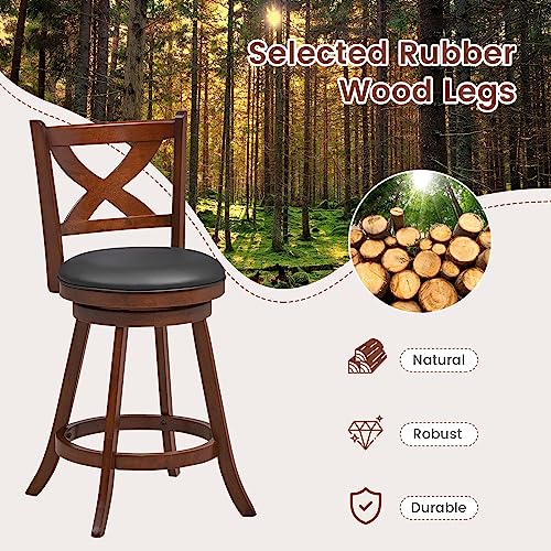 GIANTEX Butacos de Barra de 24" Set de 2, Taburetes Giratorios 360° para Barra con Respaldo, Marco de Madera de Caucho Sólido, Asiento Tapizado en Cuero Sintético Vintage para Isla de Cocina y Bar en Casa miniatura 6