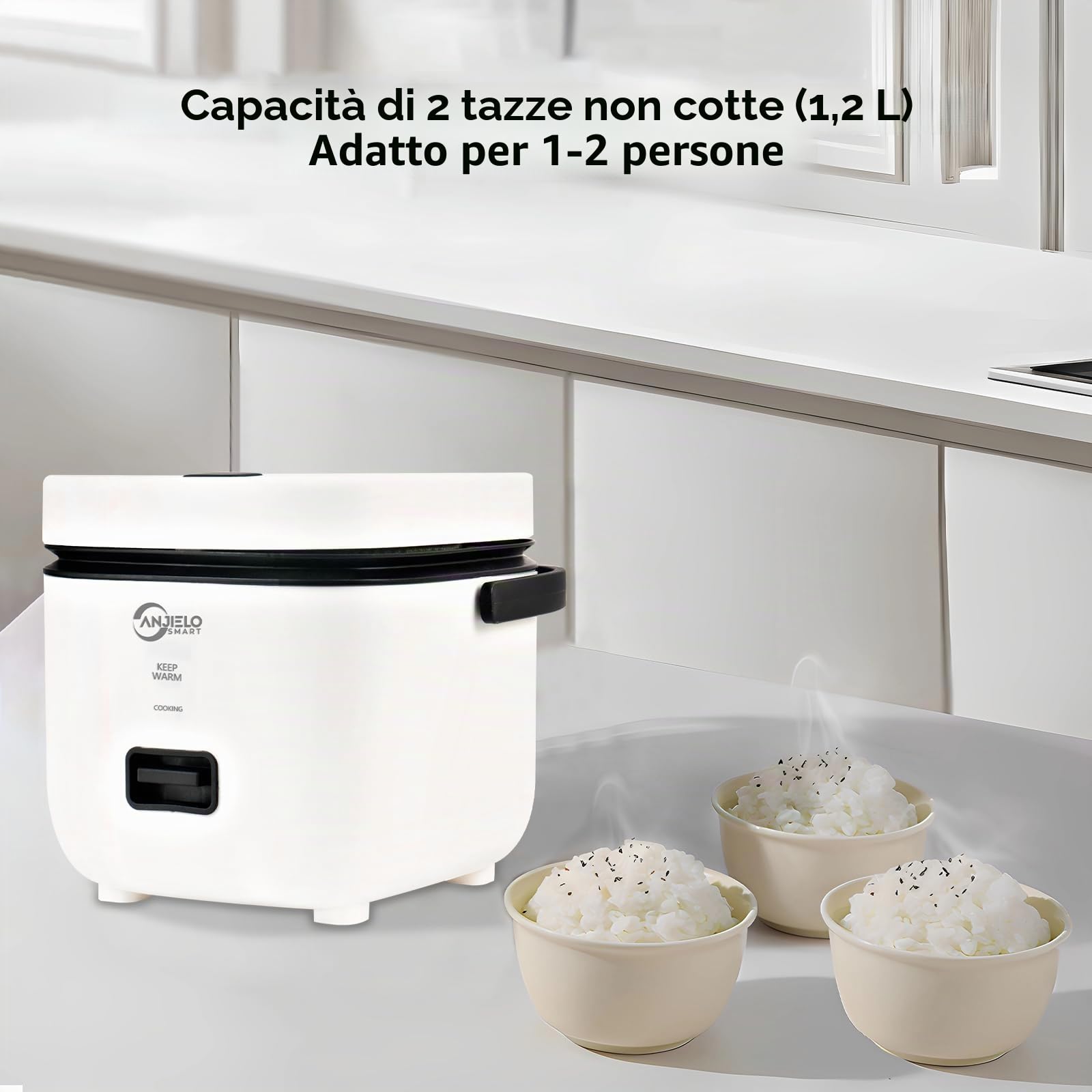 Cuociriso personale da 1,2 l, con rivestimento antiaderente,cestello per cottura a vapore in acciaio inox,misurini e comando one-touch,Perfetto per una o due persone per cuocere riso (Bianco)