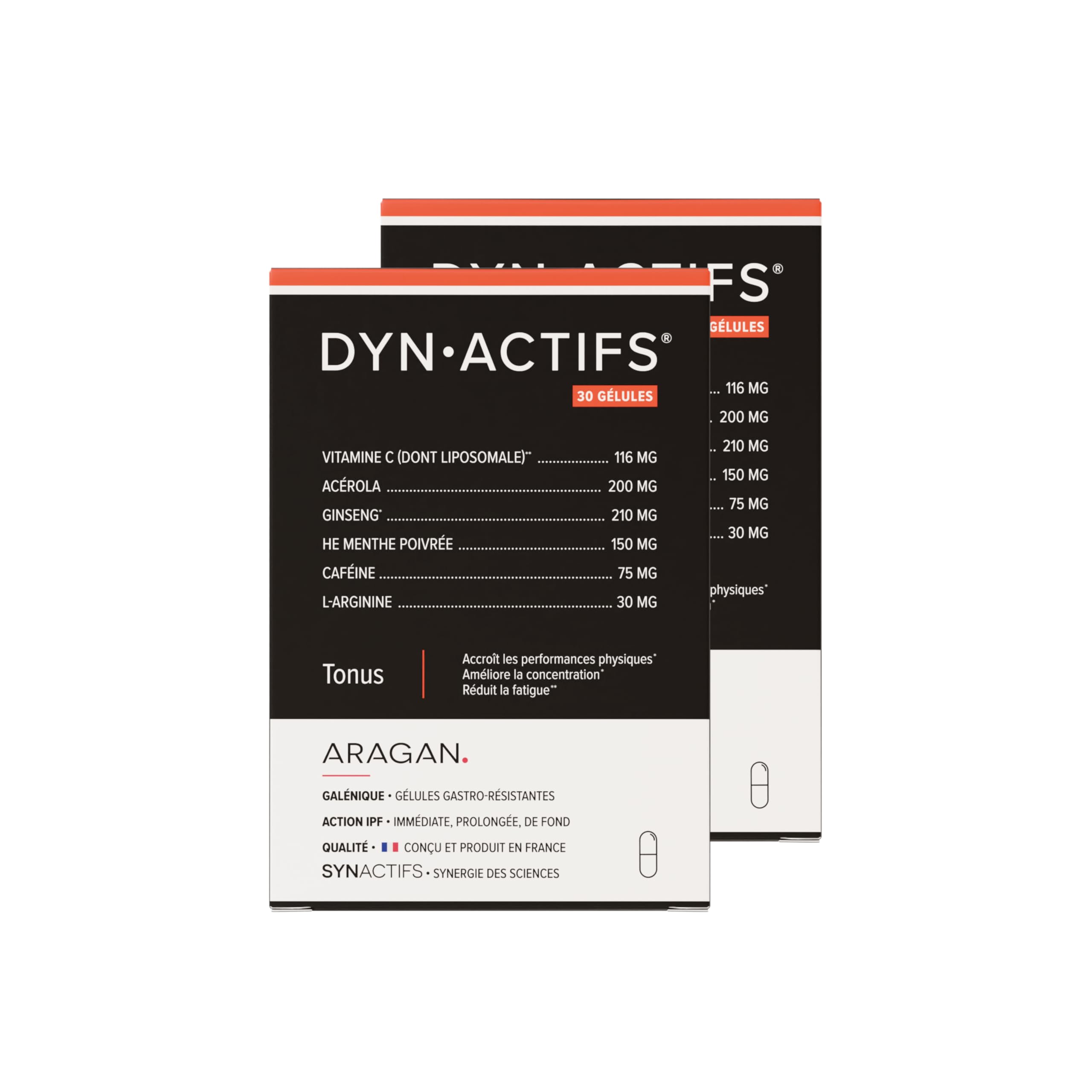 ARAGAN - Synactifs Lot de 2 Dynactifs - Complément Alimentaire Anti-Fatigue - Ginseng, Acérola, Caféine, Vitamine C et Menthe Poivrée - 60 gélules - 1 mois de prise - Fabriqué en France