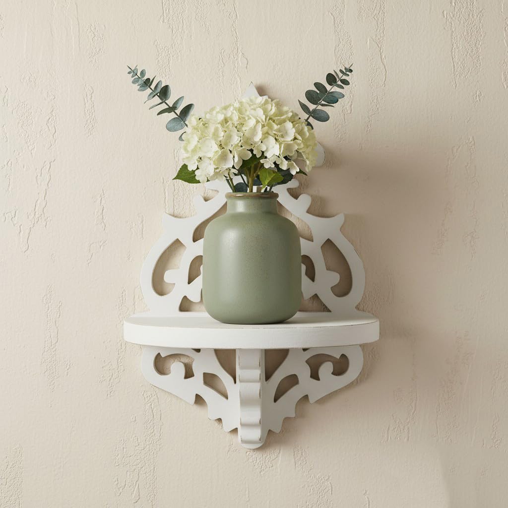 Adan's Homes Shelf Wooden Wall Mounted Distressed White Color 30 x 12 X 13 CM Pack of One French Country Style Elegantly Floral Hand Crafted for Home and Office Decor AHSLF27BR-image-38