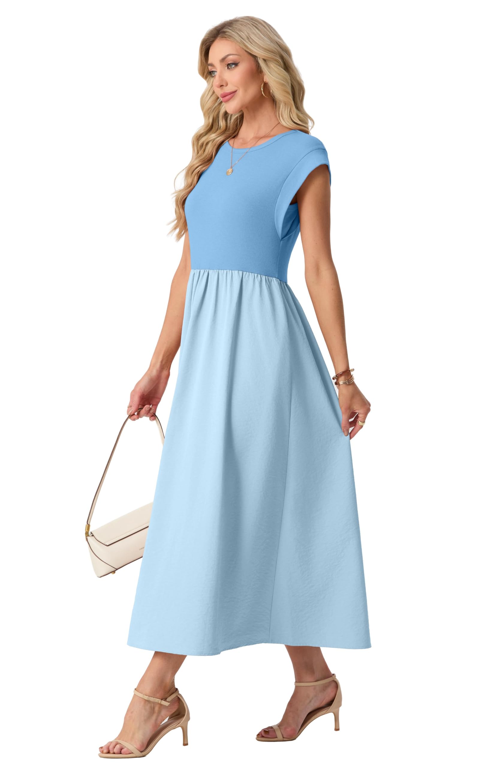 GRECERELLE Letnie sukienki dla kobiet UK Cap Sleeve damskie sukienki maxi elegancka sukienka midi o linii A Casual długie sukienki z kieszeniami na święta i do noszenia na co dzień