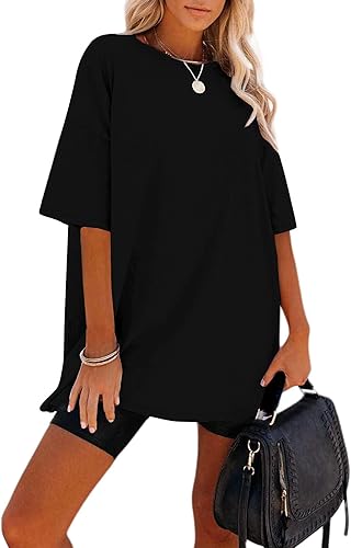 Miniatura 3 de Remidoo Camiseta de Gran Tamaño para Mujer con Cuello Redondo Sólido de Manga Corta Holgada de Algodón