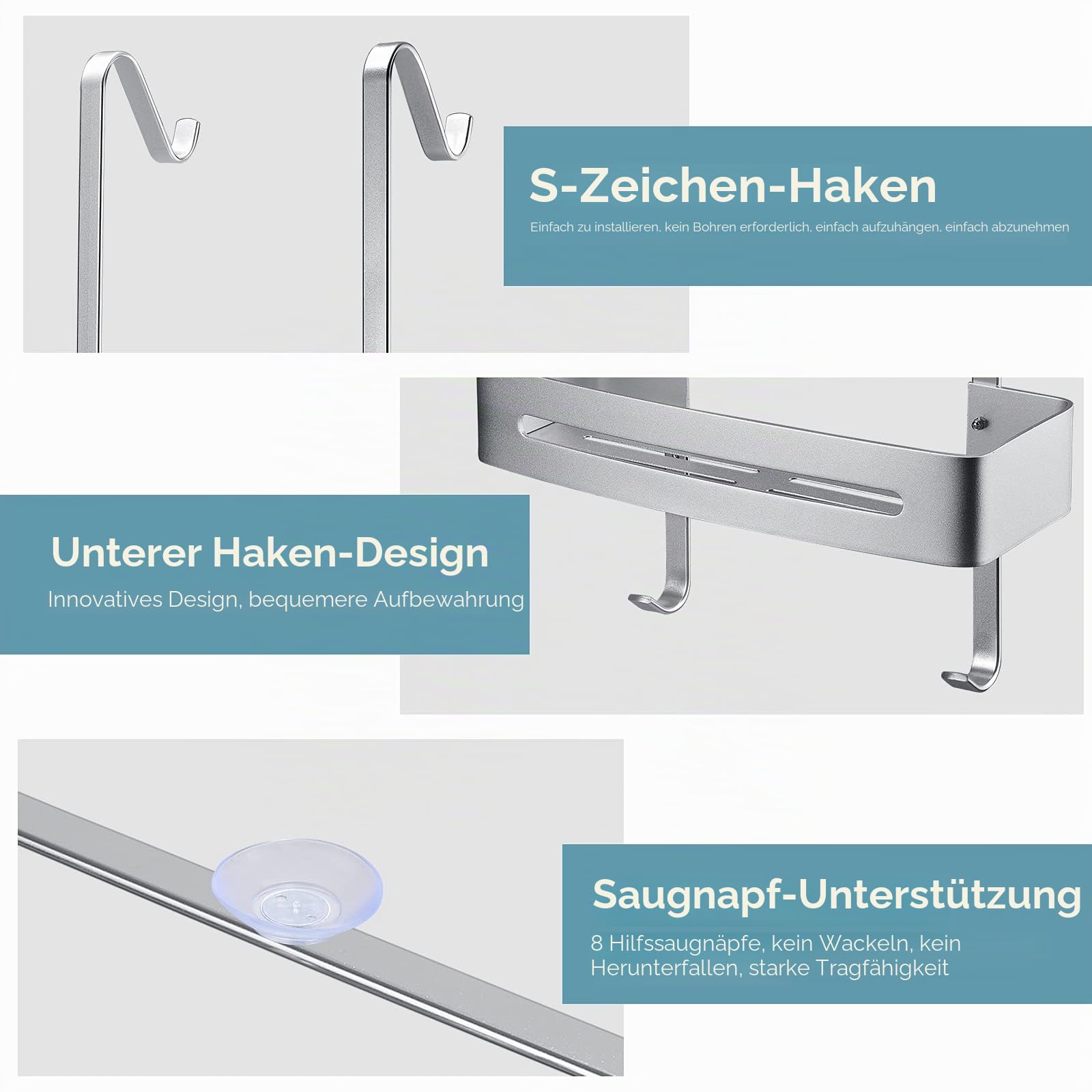 Duschkorb zum Aufhängen, Türregal mit 2 Ablageflächen zum Aufhängen, Duschregal ohne Bohren, Badezimmer-Organizer mit 5 Haken, Ablage für Shampoo und Duschgel