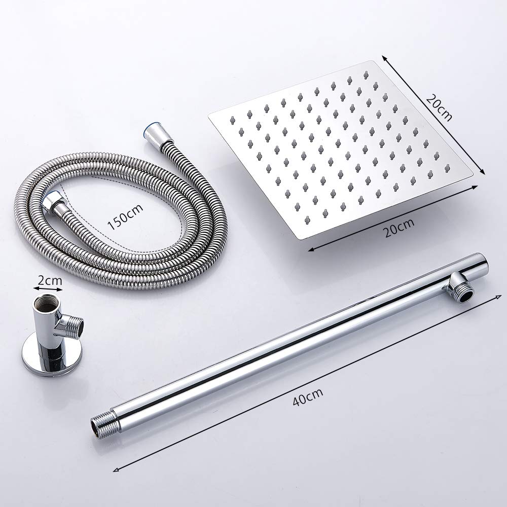 Rozin 8 Zoll Duschkopf Set mit Brauseschlauch Duscharm, Quadratisch Ultra Dünn Edelstahl Chrom Duschkopf Wandmontage Duscharmatur