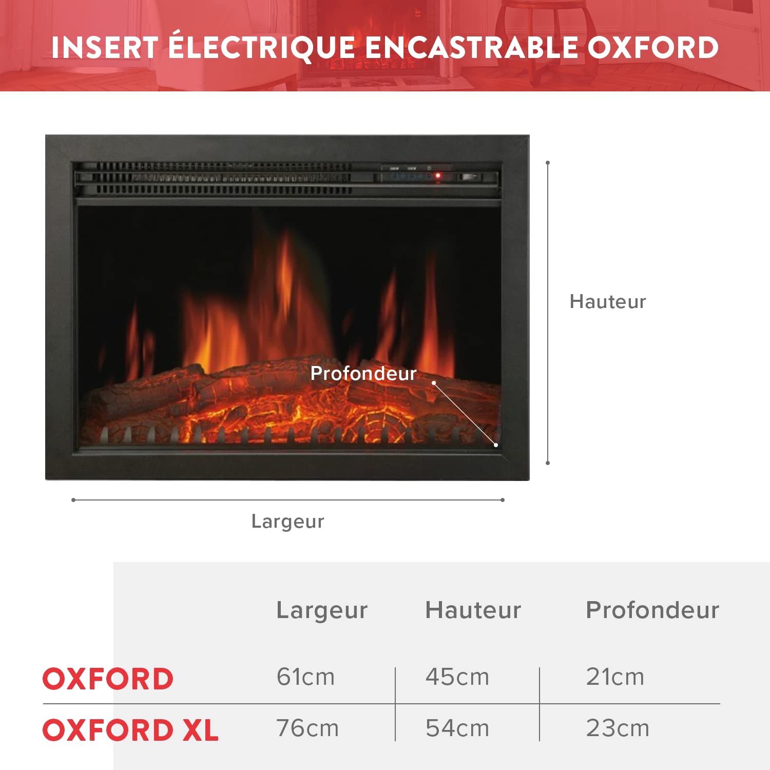 Image secondaire de Chemin’Arte Insert Électrique à Encastrer Effet Flammes LEDs Oxford - 2000W - Conçu en France - 61 x 20 x 45 cm - Garanti 2 Ans