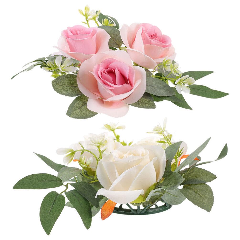 HOLIDYOYO 2pcs Easter Candle Wreath Artificial Roses Candle Ring Valentines Day Candle Holder Wedding Floral Candle Garland Tealight Rings for Home Dining Table Decoration