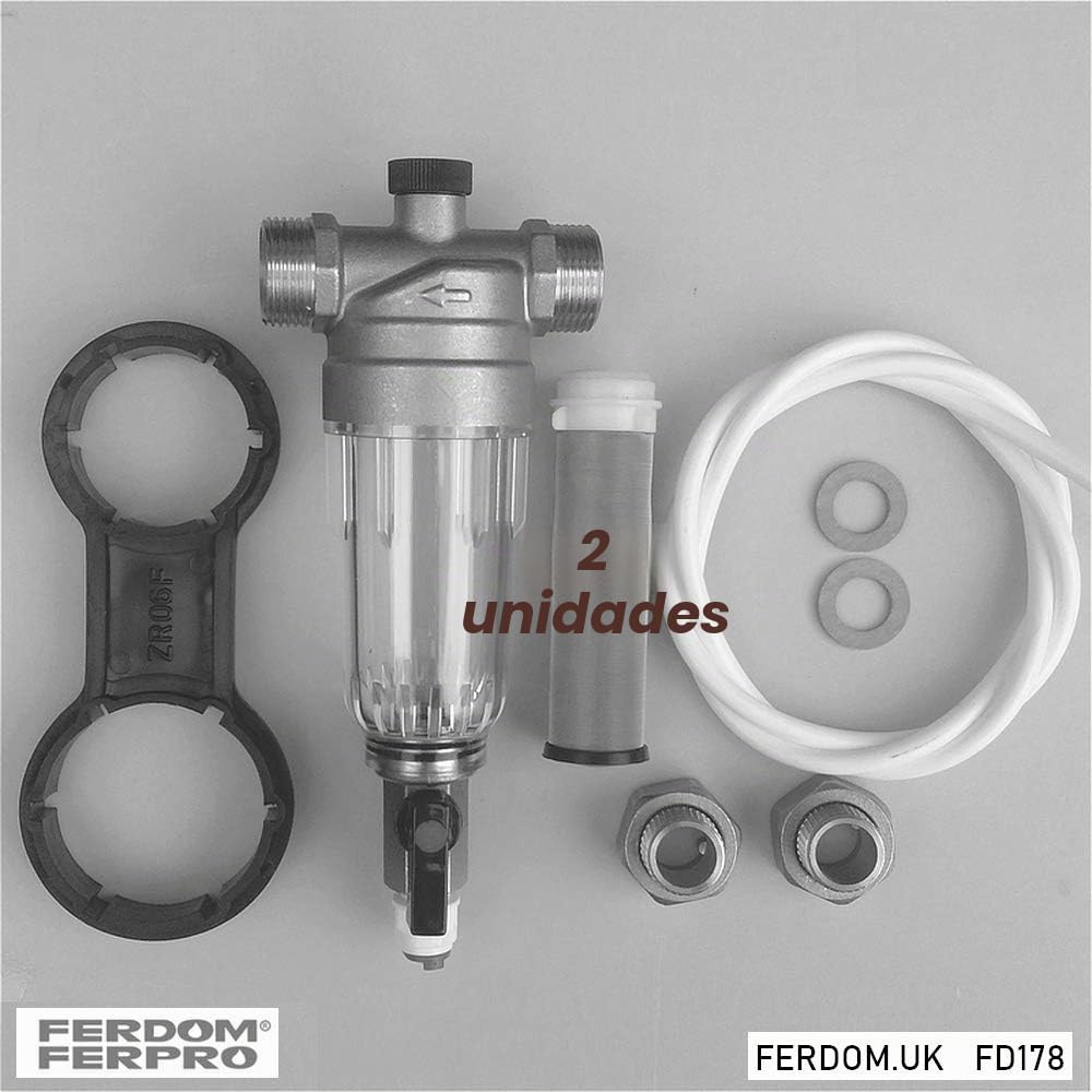 FERDOM FD178 Pre-Filtro De Agua De Sedimentos Giratorio Purificador, Reutilizable. Malla Inox 90 Mic + 1 Malla Extra. Con.1/2" & 3/4". Caudal Máx.2,5m3/H. Cabeza Latón, Envase Transpar. Agua Potable.