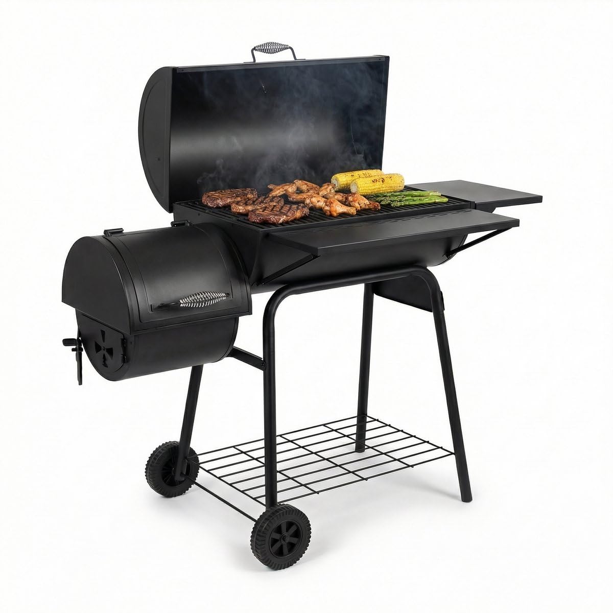 Lugia Holzkohlegrill mit Smoker – XXL Grillwagen 66x41 cm – BBQ Grill mit Deckel, Thermometer, Warmhalterost, Seitentisch & Flaschenöffner – Offset Smoker für Garten & Terrasse