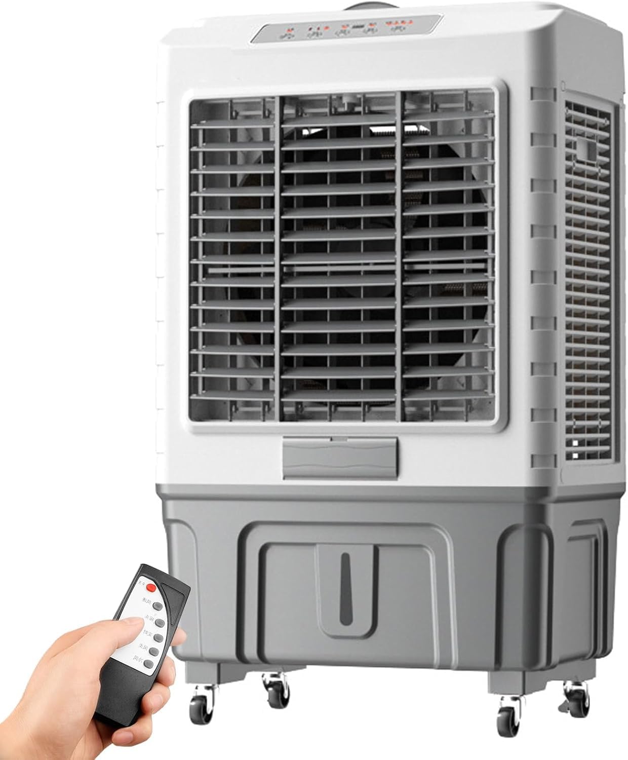Climatiseur portable, rafraîchisseur d'air évaporatif 3 en 1, plusieurs vitesses, réservoir de 50 L, 6 blocs réfrigérants, télécommande, minuterie de 1 à 7 heures, ventilateur pour la maison, le bure