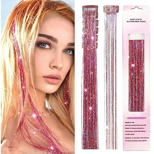 Image of MAYCREATE 6pcs Hair Tinsel Clip-in Glitter Hair Extensions for Women, 20.5in Pink Shiny Tinsel Strands, Heat Resistant Fairy Sparkle Hair Accessories for Girls Kids Festival Cosplay Party Gift