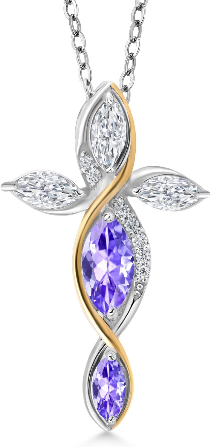 Cross Necklace For Women In 925 Silver and 10K Yellow Gold with Blue Tanzanite and White Moissanite | 1.35 Cttw | Jesus Christian Religious Crucifix | Marquise 8X4MM | With 18 Inch Chain