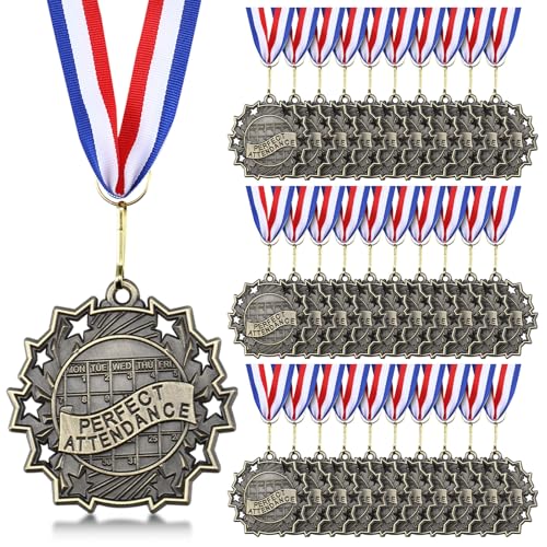 Otuuz 60/30 Pcs Perfect Attendance Medal Award Bulk 2 Inch Graduation Gold Award Medals with Neck Ribbons Metal Grad Attendance Winner Trophy Prize Gifts for Scholastic Academics(30 Pcs Calendar)