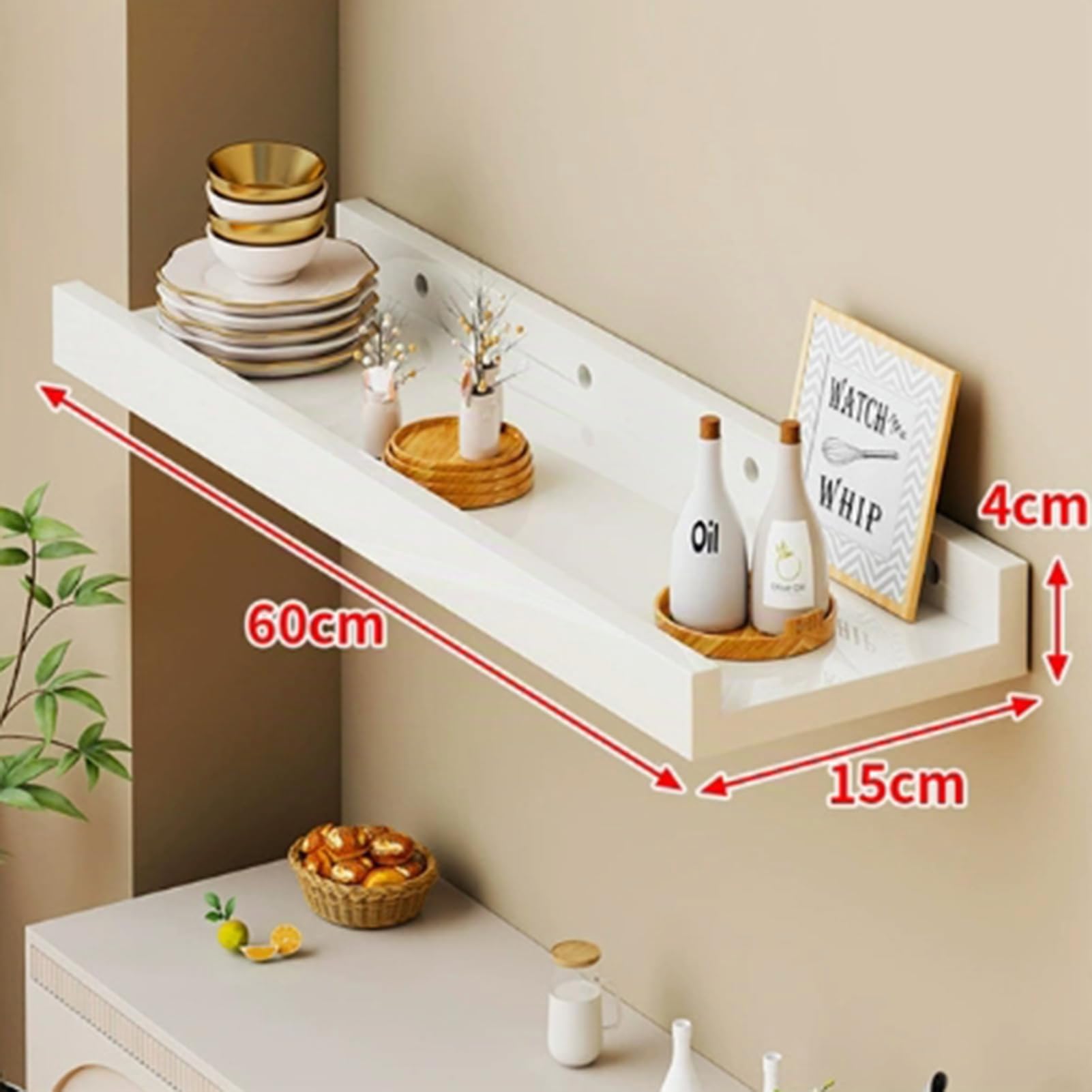 Wandregal Holz, Schweberegal Bilderleiste Regal Wand Schmal für Bilderrahmen und Bücher, wall Shelf für Küche Wohnzimmer Schlafzimmer Arbeitszimmer (Weiß, 60x15cm)