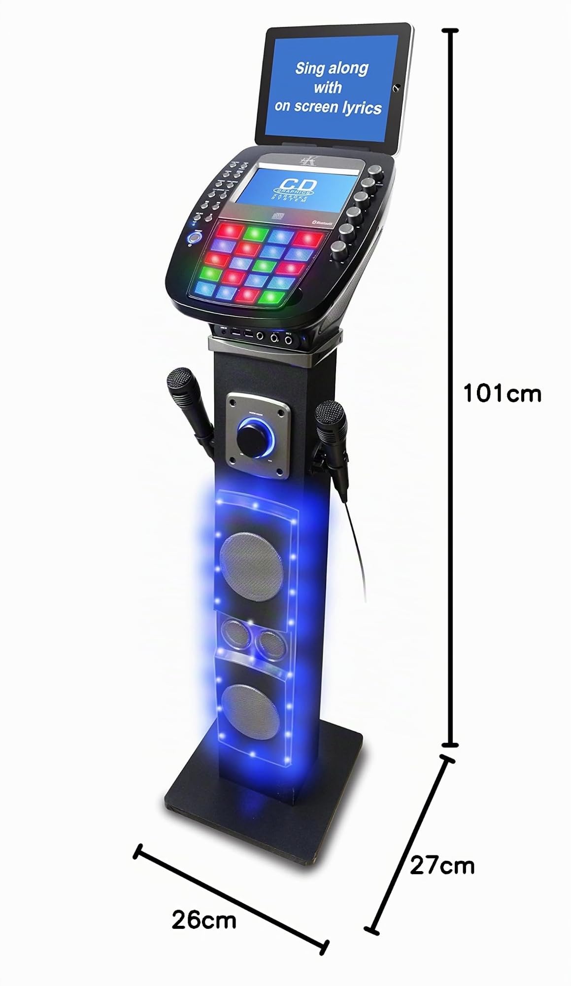 KARAOKE Easy Bluetooth System mit Lautsprechersockel - Professionelles CDG-System mit 6 Lautsprechern, LED-Disco-Lichtern, 7-Zoll-Farb-TFT-Bildschirm + 2 Mikrofone