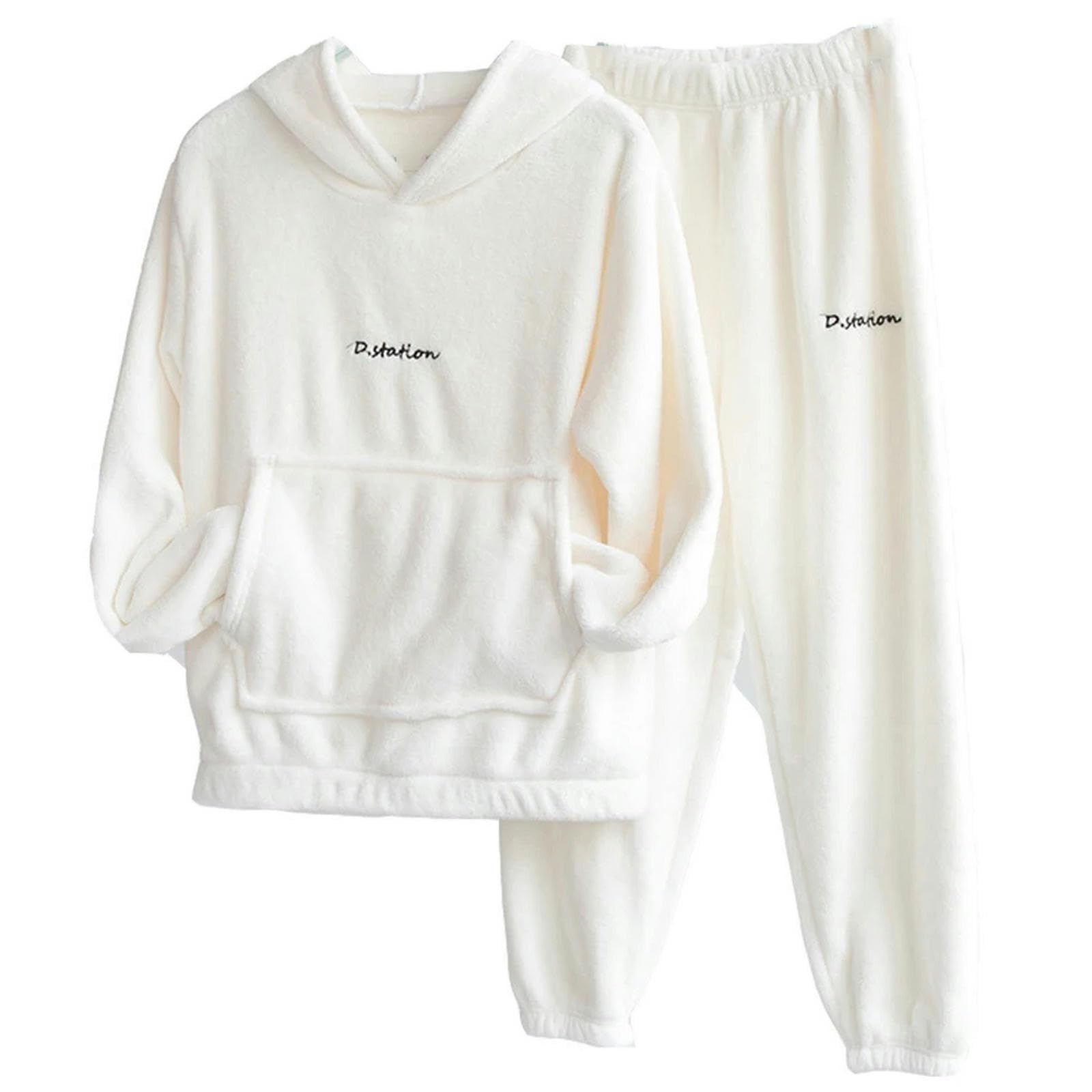 Pigiama Donna Set di Pigiama in Pila di Corallo per Donne Inverno Caldo Due Pezzi Sleep Abbigliamento A Colori Solidi con Cappuccio