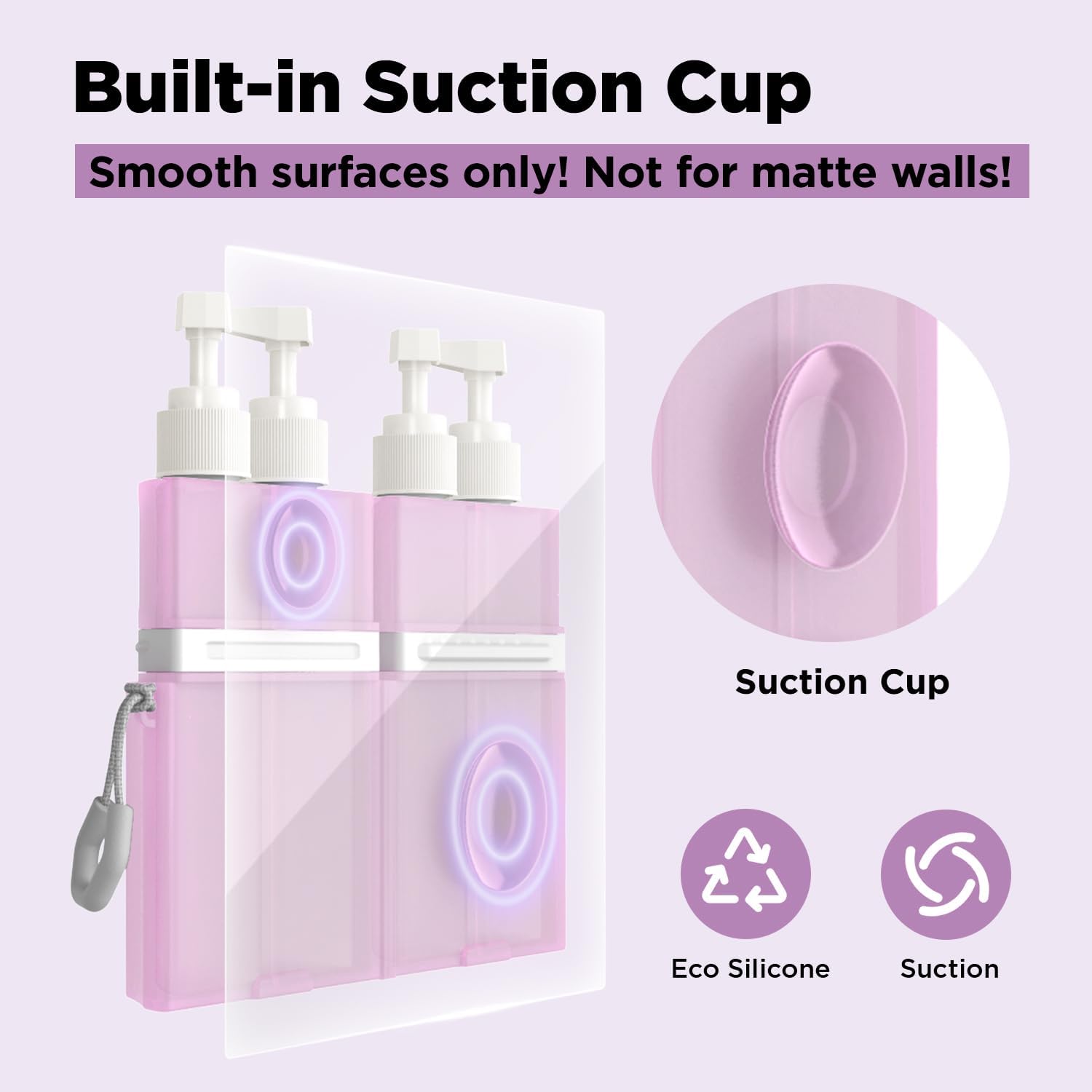 4 in 1 Travel Dispenser Bottle, TSA Approved Refillable Shampoo and Conditioner Bottles Set with Suction Cup for Smooth Walls, Travel Size Toiletries Container for Body Wash/Lotion.(Pink+Grey) 2P