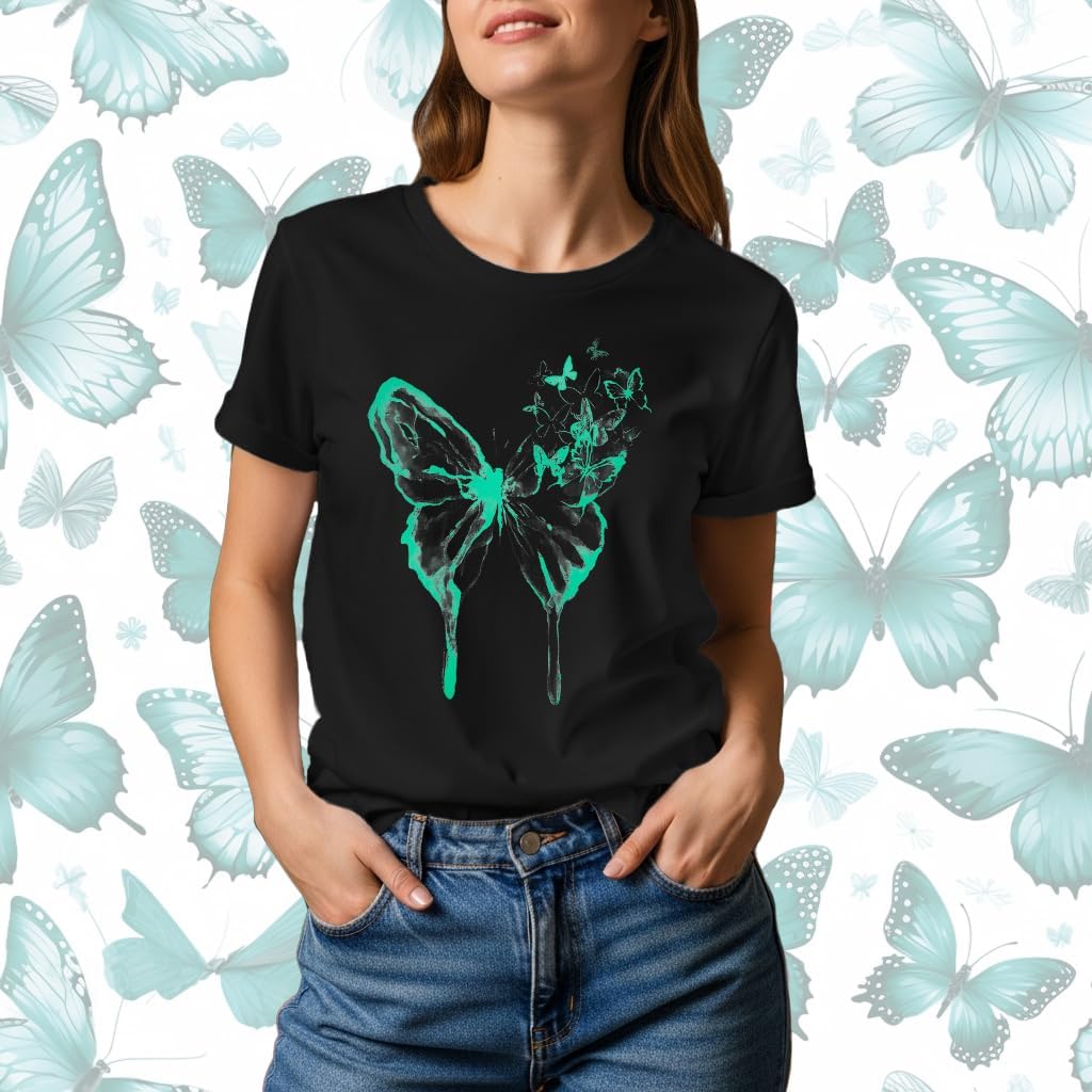 Womens Butterfly Shirts Watercolor Butterflies T-Shirt Casual Crew Neck Tee Tops - Image 2