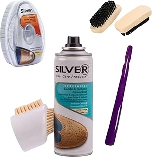 اتش تي او مجموعة العناية بالأحذية - 2 فرشاة فضية شفافة اسفنجية بلاستيكية بوق حذاء من الجلد السويدي الفضي والنوباك بخاخ تجديد - تباع بواسطة: 2M Store