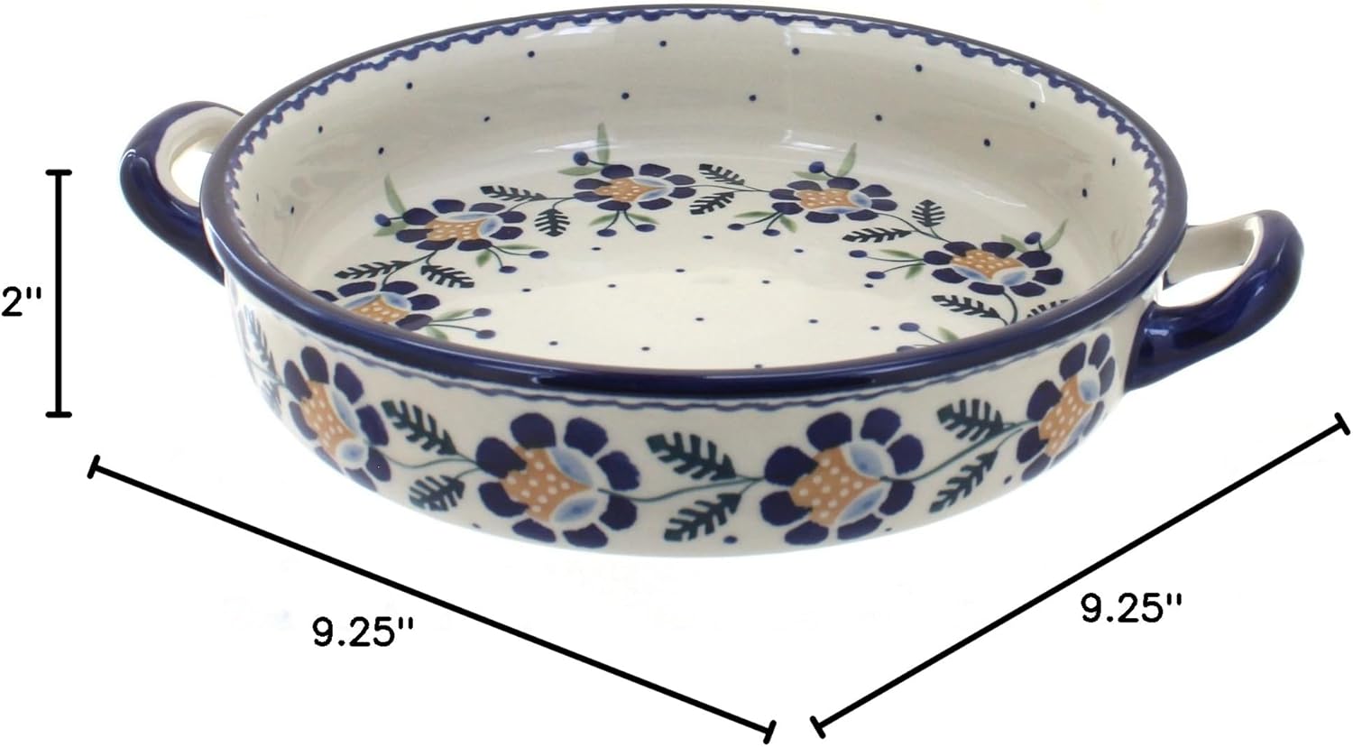 Blue Rose Polish Pottery - Yellow Sunflower Small Round Baker with Handles - 9.5" Diameter - Unique, Dishwasher Safe, & Durable Bakeware