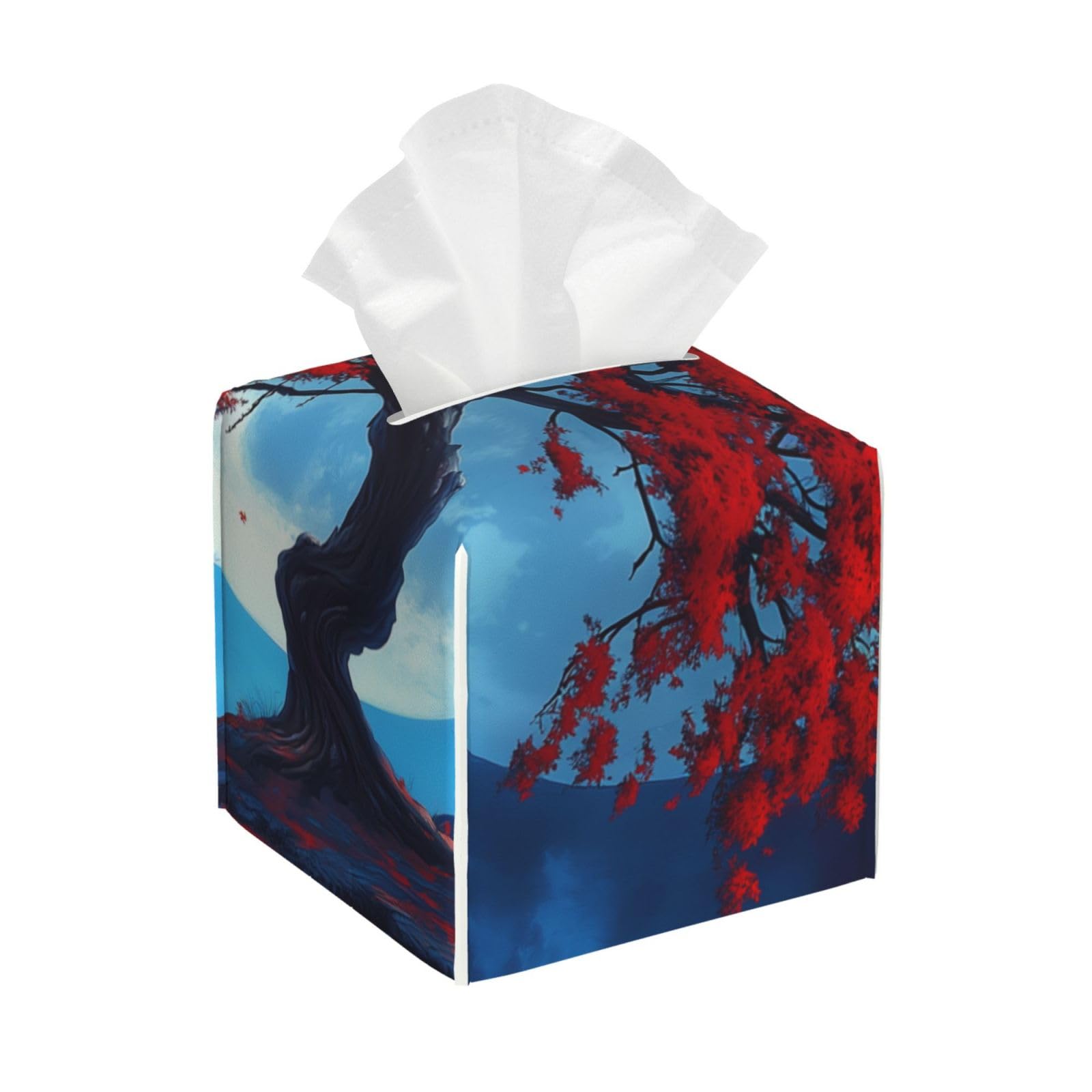 Tissue Box Cover, Red Tree Moon Leather Tissue Box Cover Square Organizer, Room Decoration For Bathroom Kitchen Office Night Stands Tabletop