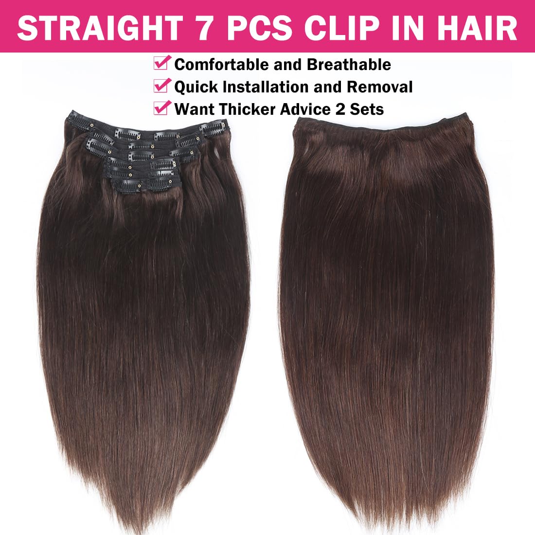 Clip in Hair Extensions Real Human Hair Straight Human Hair Extensions for Women 20 Inch Double Weft 7Pcs Clip ins Brazilian Virgin Human Hair Pieces 120g 16 Clips Dark Brown - Image 3