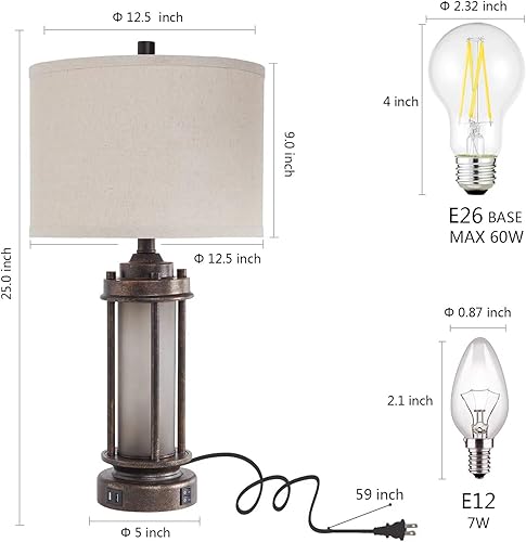 Miniatura 6 de Juego de 2 lámparas de granja para sala de estar, lámpara de mesa rústica vintage para dormitorio, con 2 puertos de carga USB, luz nocturna de