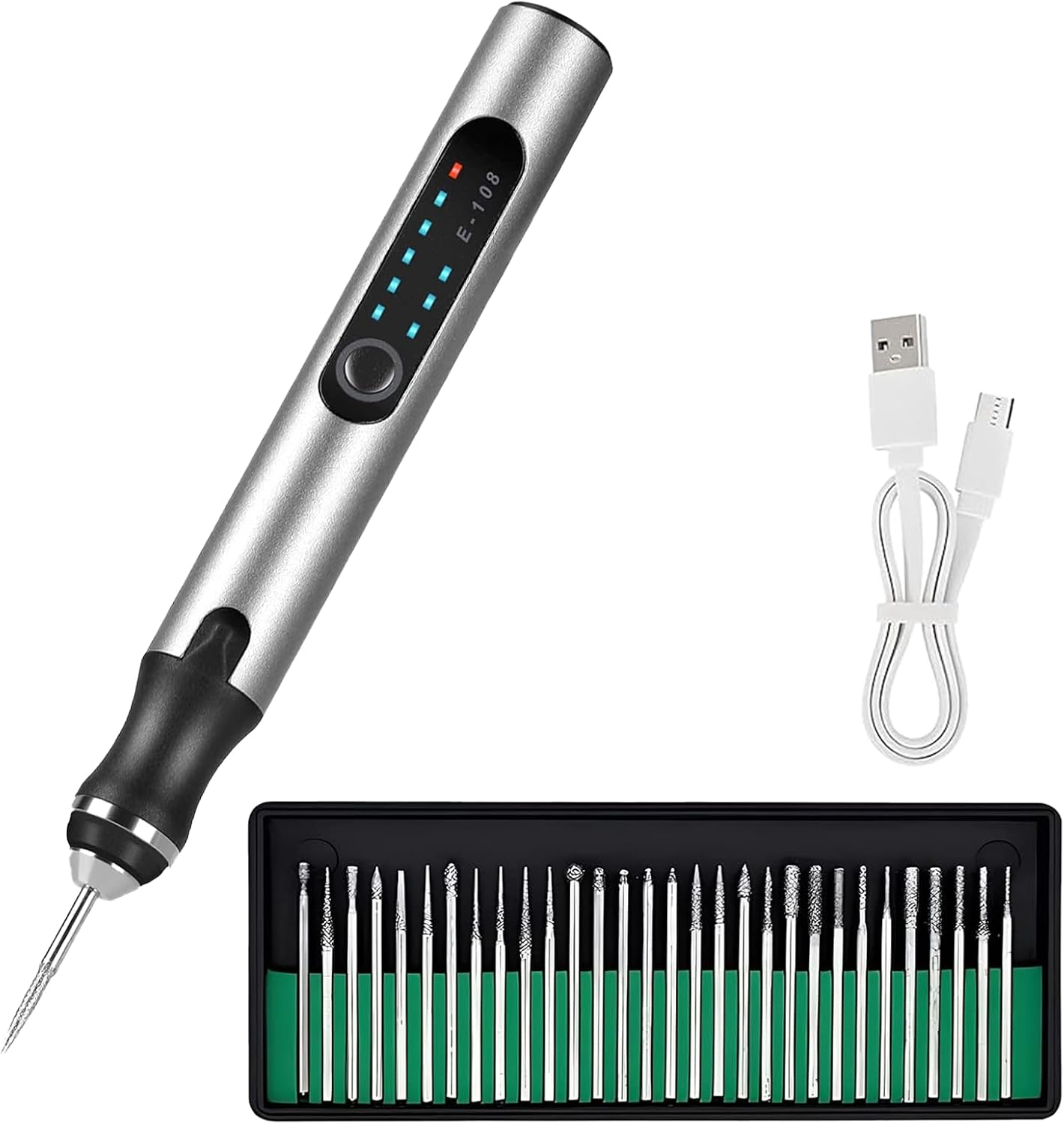 Wireless Engraving Pen with 37 Bits, USB Rechargable Engraver Pen, Mini Electric Engraving Tool Etching Pen for Jewelry Stone Metal Plastic Wood Resin, Silver