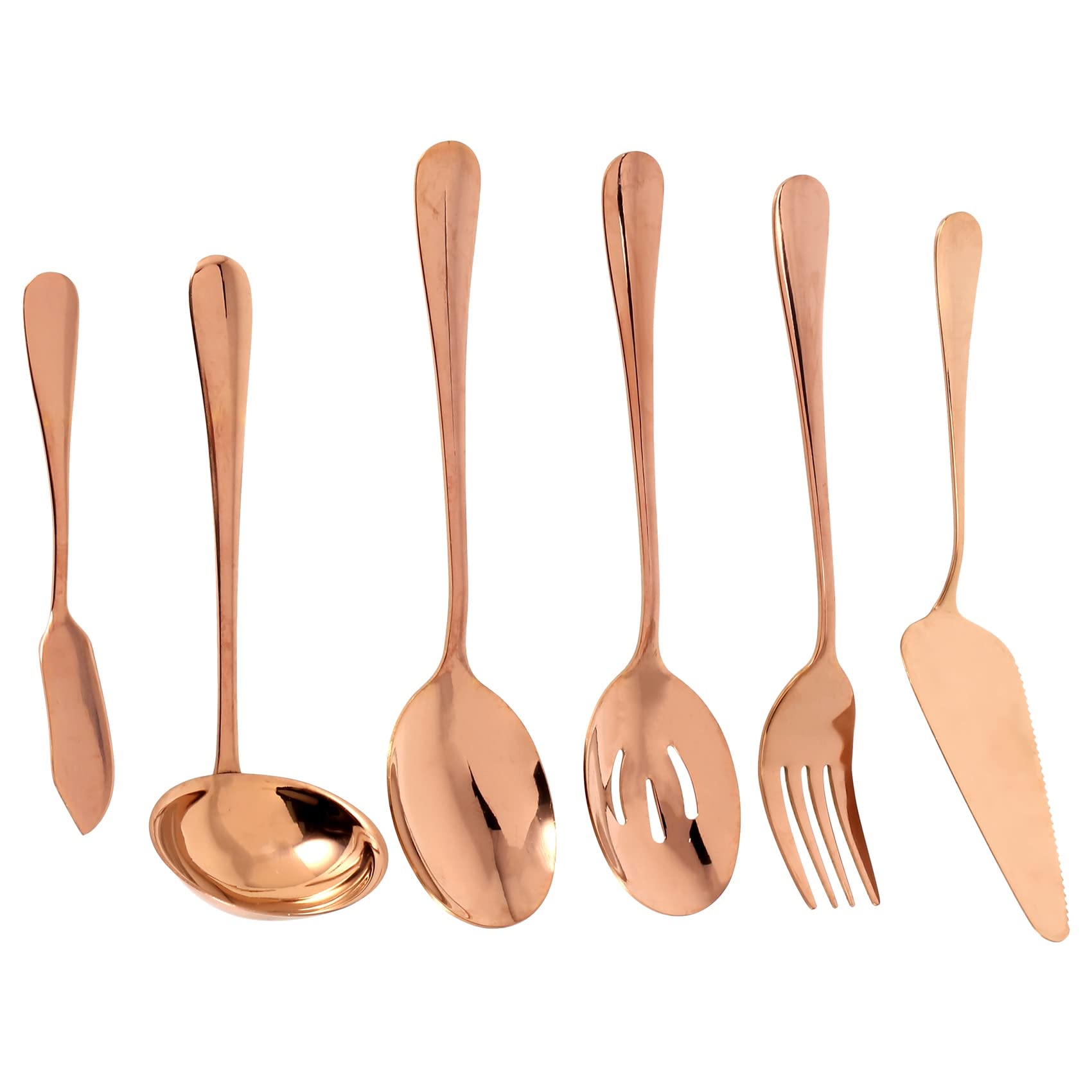 Fuhjythy Gold 6-Piece Serving Flatware Silverware Set, Serving Utensil Set,Include Cake Server, Slotted Serving Spoon Rose