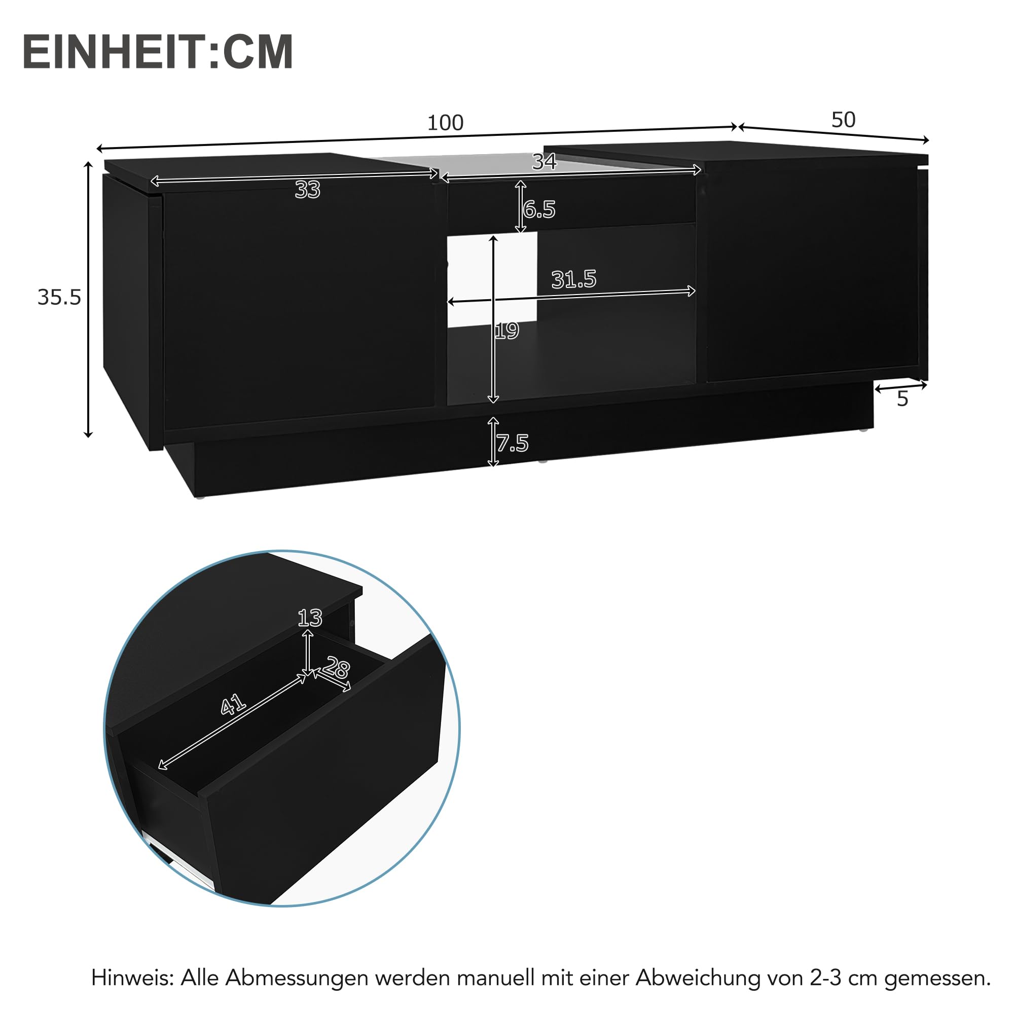 Merax Couchtisch LED Hochglanz, Mitteltisch Teetisch für Wohnzimmer, Schwarz Wohnzimmertisch mit 2 Schubladen und offenes Fach, Rechteckiger Beistelltisch Sofatisch Kaffeetisch, für Schlafzimmer Büro