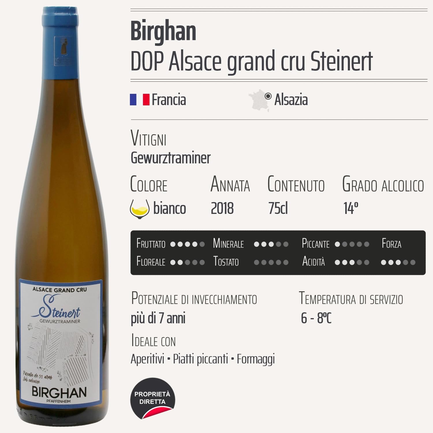 Alsace grand cru Steinert Gewurztraminer bianco 2018 - Birghan - DOP - Alsazia - Francia - Vitigni Gewurztraminer - 6x75cl