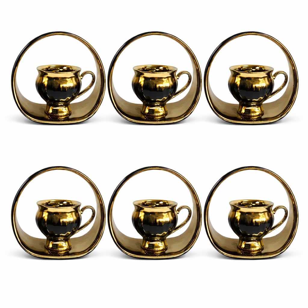 Espresso Tassen 6er Set, Schwarz Glänzend mit Goldenem Finish, 85ml, Modernes Luxus Design, Türkischer Mokka Stil