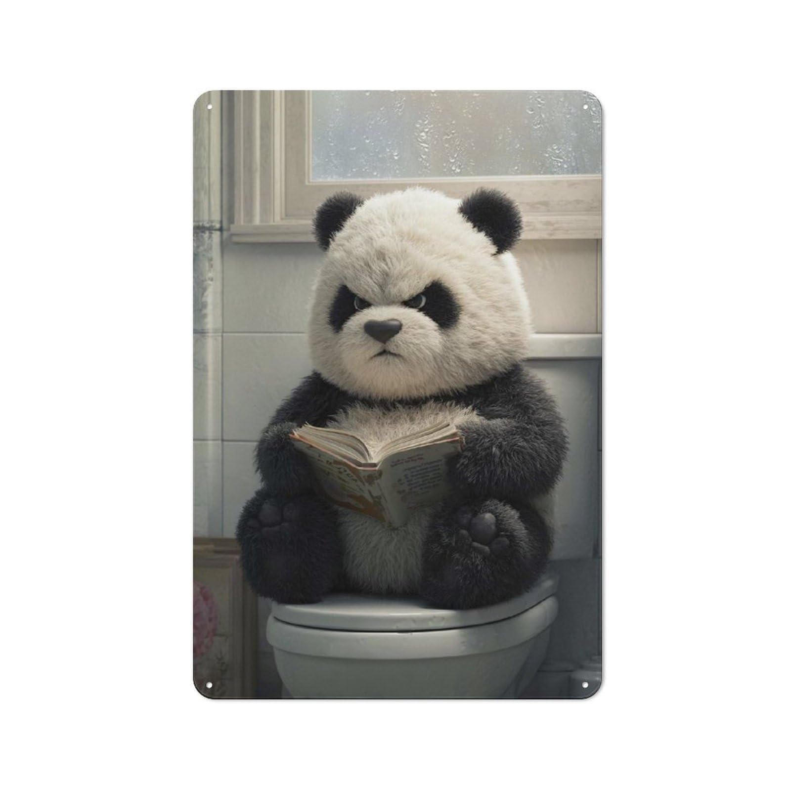 Grumpy Panda Reading on Toilet Workshop Style Metal Wall Decor 30x20cm, Decorative Metal Plaque for Garage, Workshop, Shed Or Utility Room