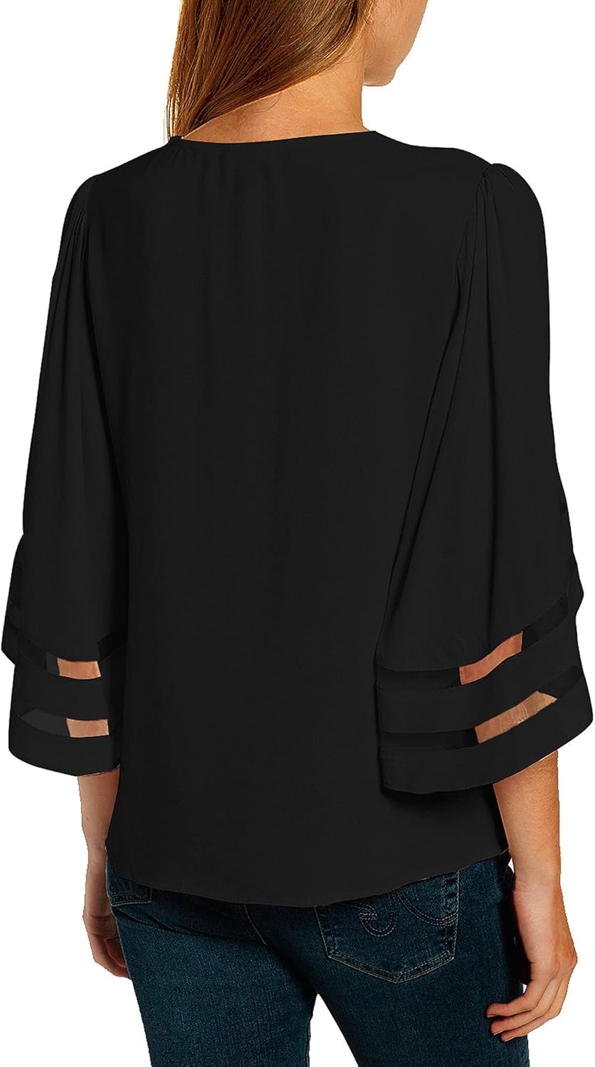 luvamia Women Casual Strappy V Neck Blouse 3/4 Bell Sleeve Mesh Panel Shirts Top - Image 2