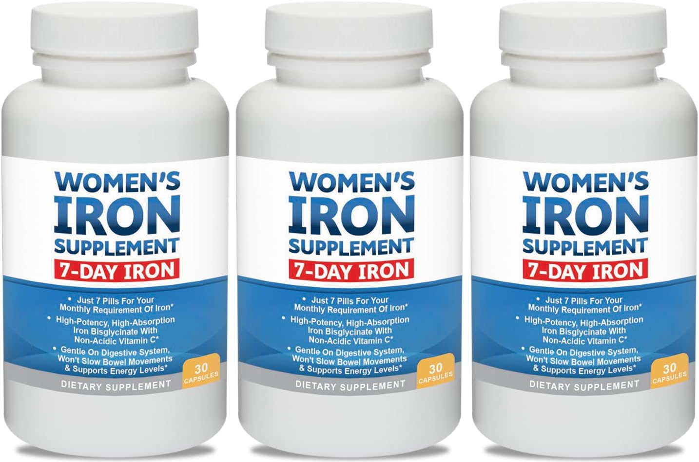 Women’s Iron Supplement Pills for Women, Bis-Glycinate 80mg, 7 Iron Pills for 30 Days’ Worth of No Stomach Binding, Vegan, Alkaline VIT C Iron Pill for Women 30 Capsules 3-Pack