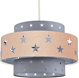CGC Lighting Stars Childrens Lampshade Shades Projects Star Pattern Easy Fit Pendants Lamp Shade Kids Bedroom Playroom Toy Room Child Space (Grey with Cream Band)