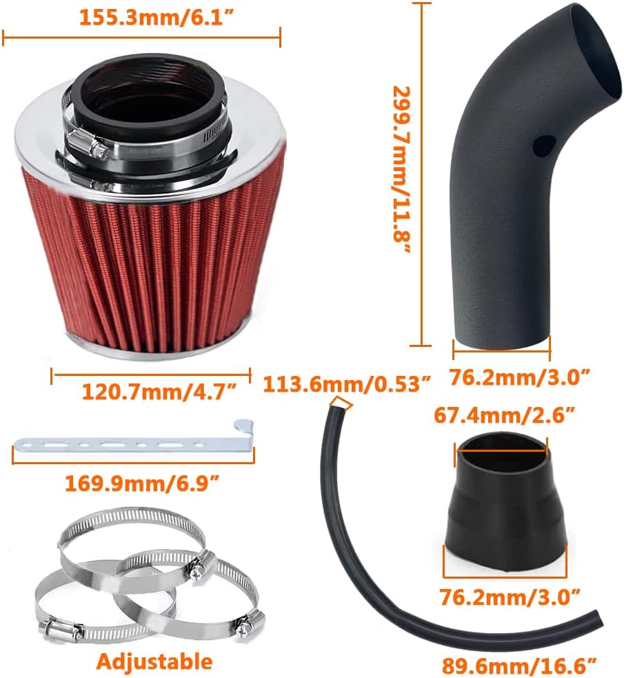 3" Universal Cold Air Intake Kit Intake Pipe Kit Aluminium Automotive Air Intake Air Filter Induction Flow Hose Pipe Kit Red Filter